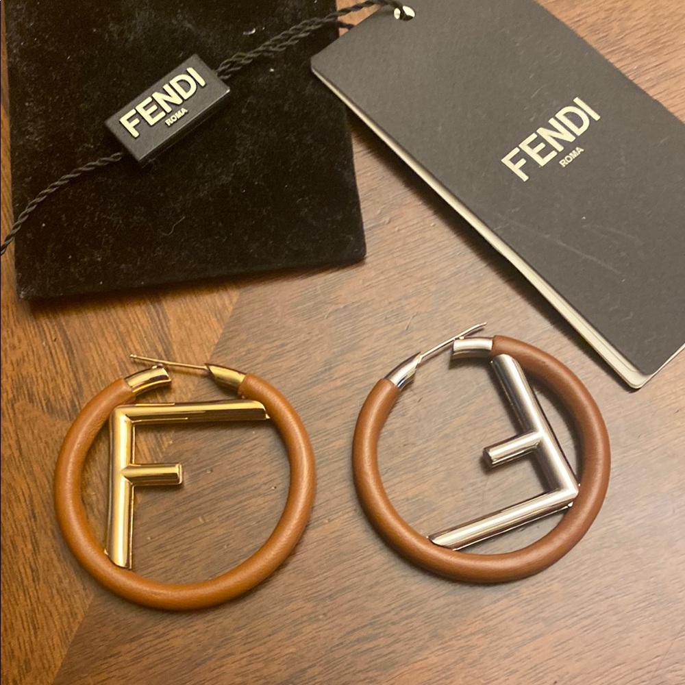 Fendi Brown Leather Hoop Earrings with Gold and Silver F Logo